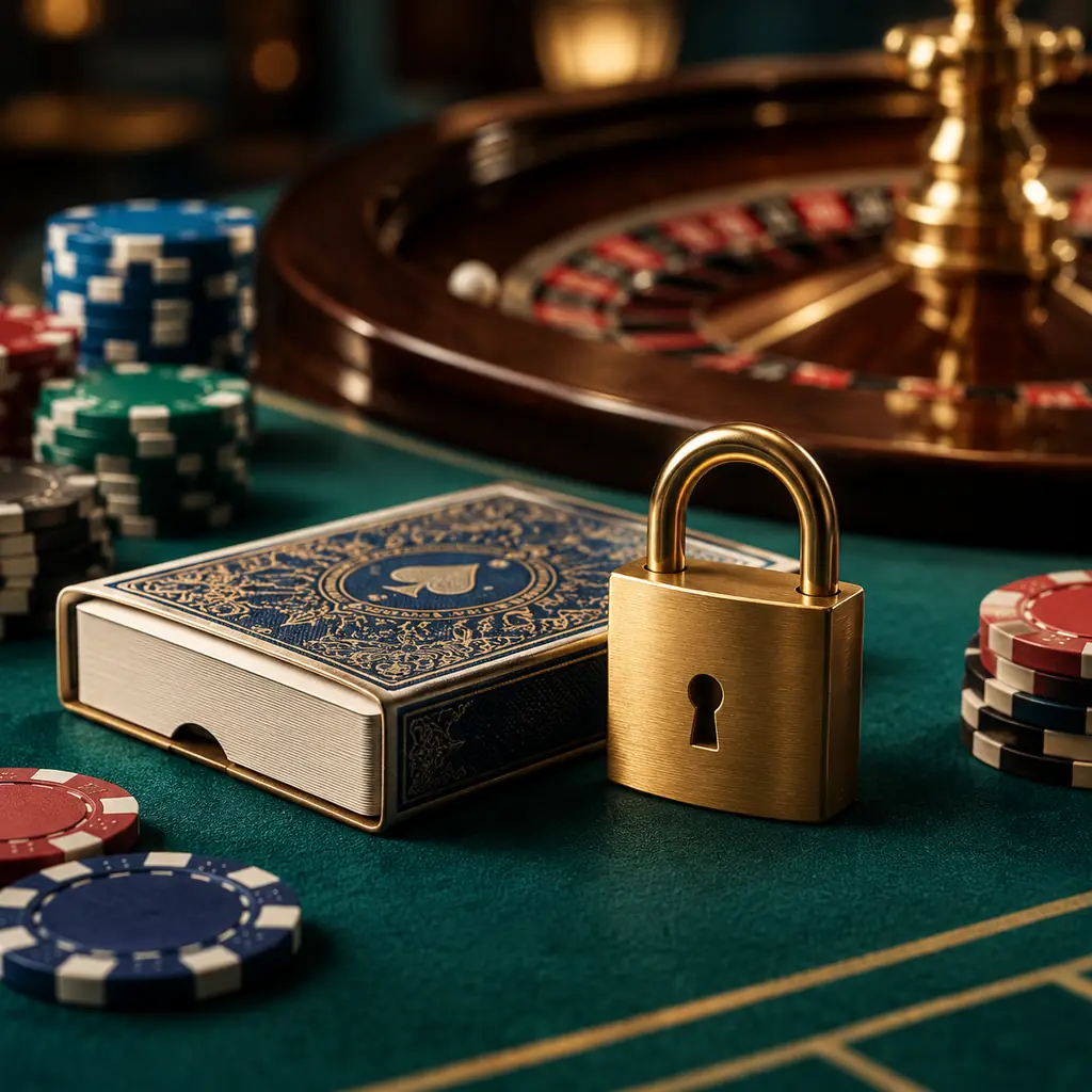 Kotak kartu terkunci dan chip pada meja kasino