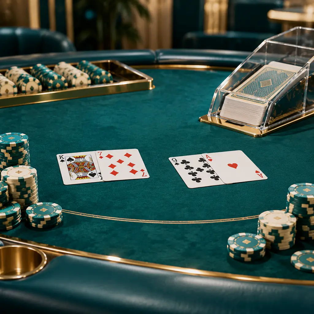 Dua tangan kartu dan sepatu kartu pada meja baccarat