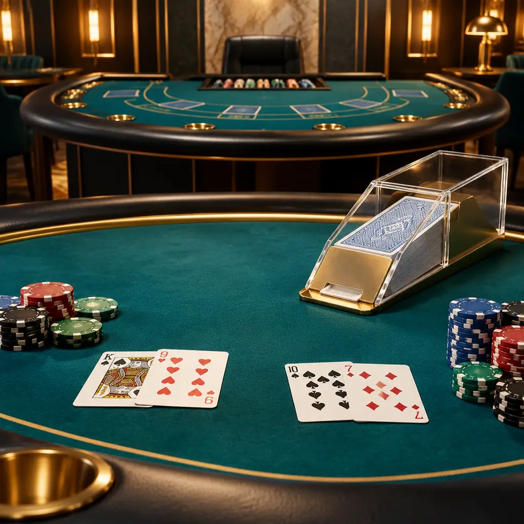 Meja baccarat dan blackjack dengan kartu serta chip kasino
