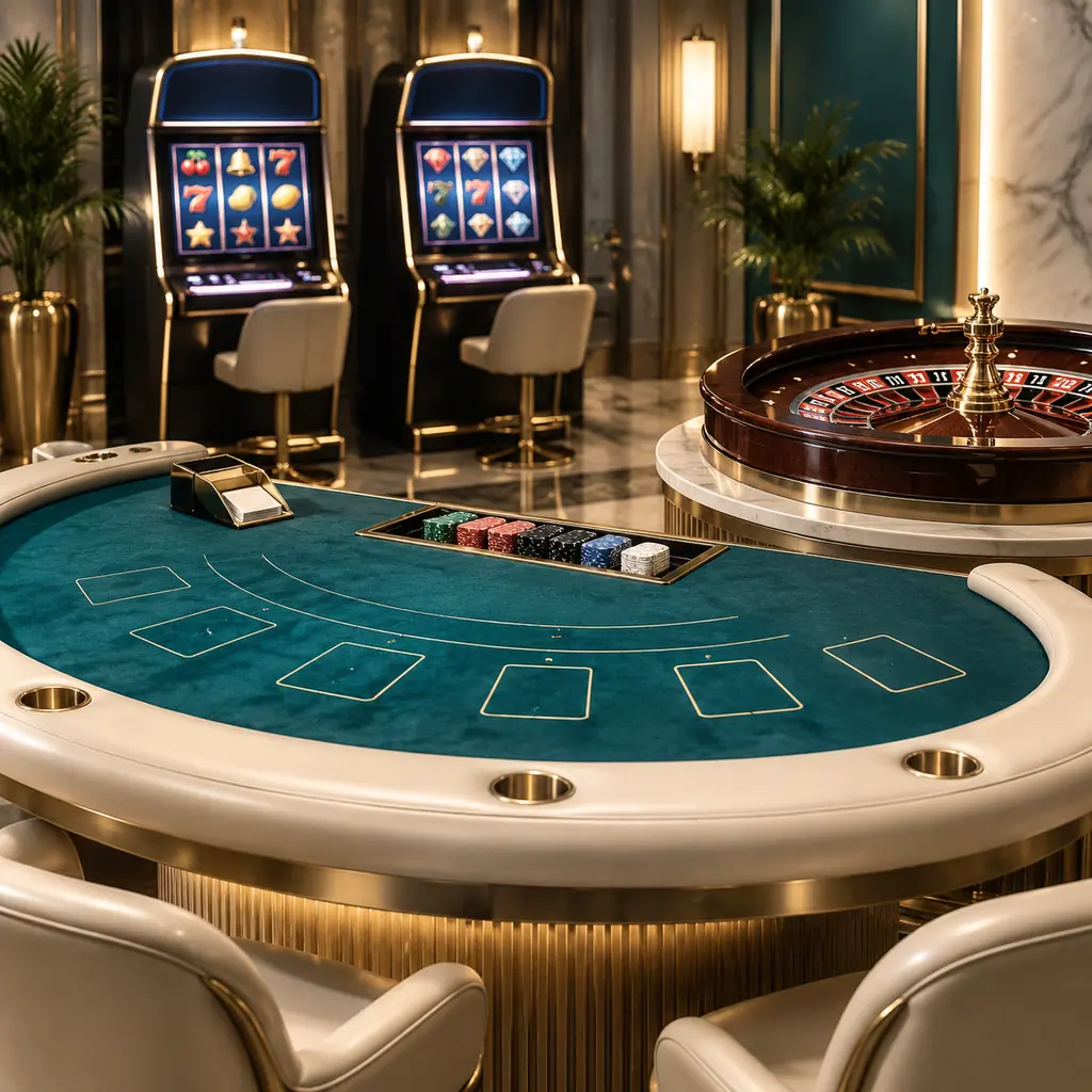 Koleksi meja kartu, roulette dan mesin slot dalam ruang kasino