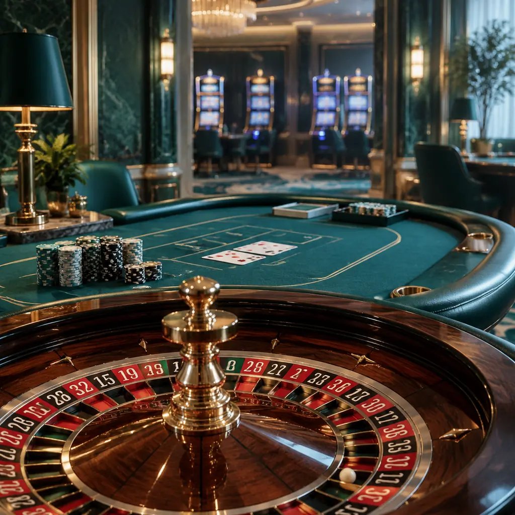 Ruang kasino dengan meja roulette dan meja kartu beraksen biru kehijauan