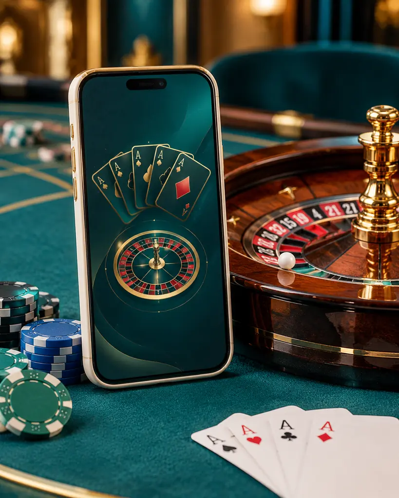 Ponsel dengan tampilan abstrak kartu di dekat meja roulette kasino