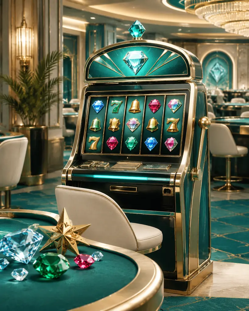 Mesin slot dengan simbol permata dan elemen desain kasino