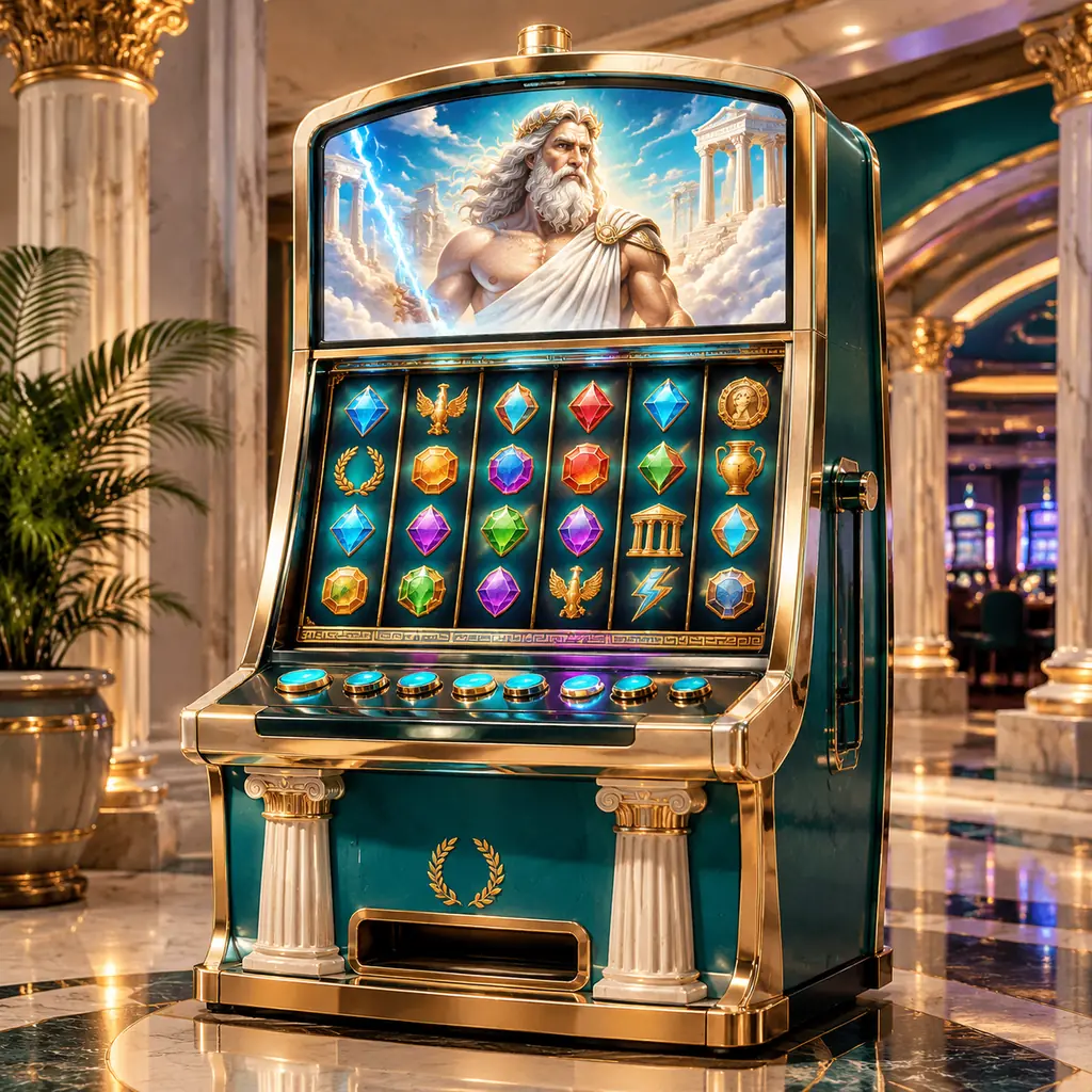 Mesin slot dengan latar pilar dan simbol permata bergaya mitologi