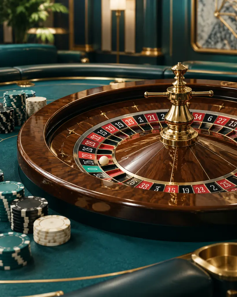 Roda roulette satu nol dan chip pada meja kasino