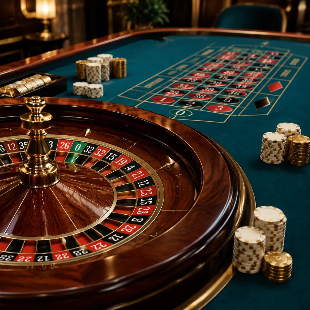 Roda roulette dan chip pada susunan meja bergaya Prancis